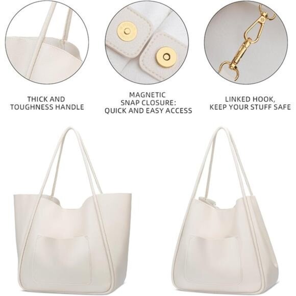 Tote Bag Vegan Leather Large Capacity Cream - Picture 4 of 7